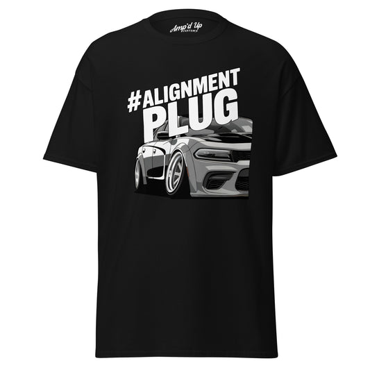 Black Alignment PLUG T-Shirt featuring a stylish graphic of a modified car design