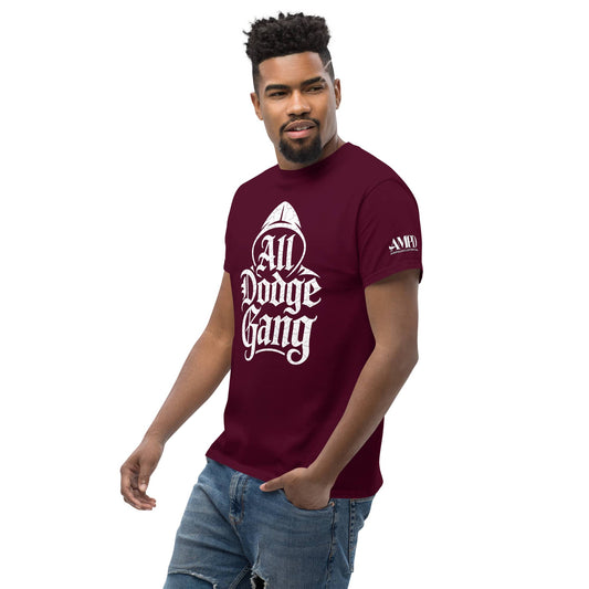 Amp'd Up Custom Dodge Gang Graphic T-Shirt in Burgundy, perfect for car enthusiast streetwear