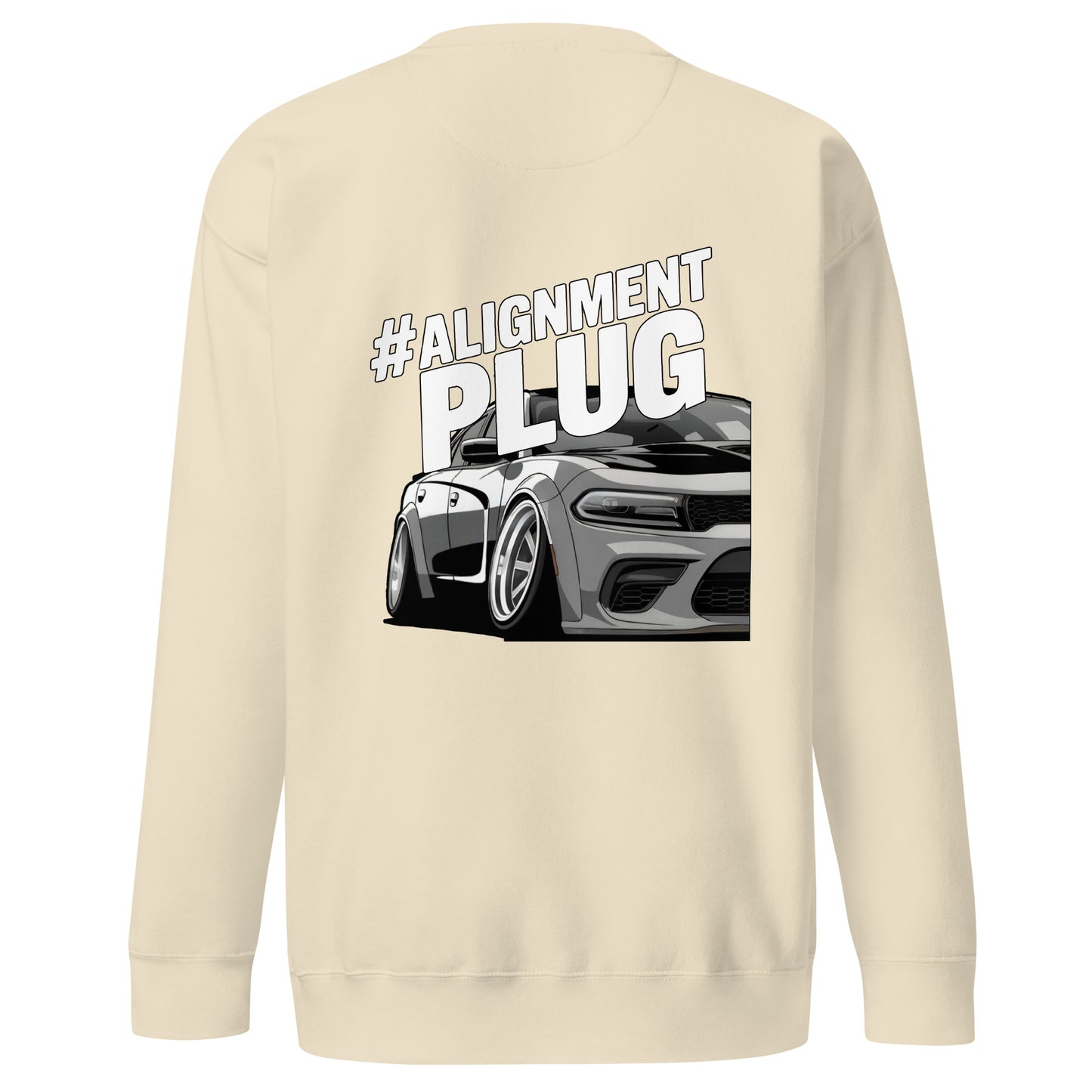 Back view of Amp'd Up Custom Alignment PLUG Sweatshirt featuring a graphic car illustration