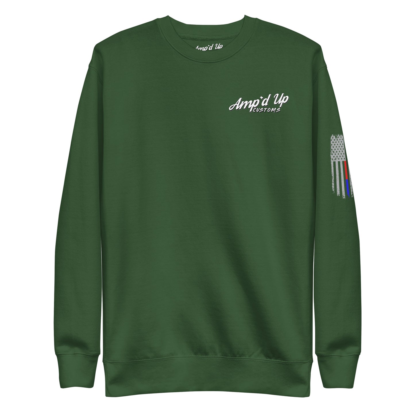 Amp'd Up Custom Classic Sweatshirt green crewneck with white chest logo and multicolor cable sleeve graphic