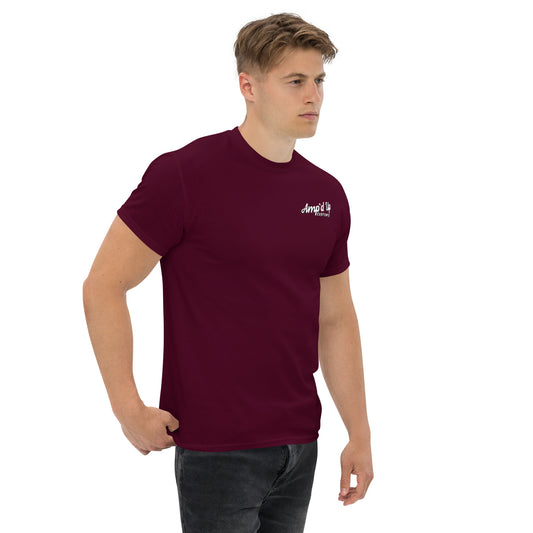 Amp'd Up Custom Classic T-Shirt burgundy crew neck with small white chest logo worn by male model