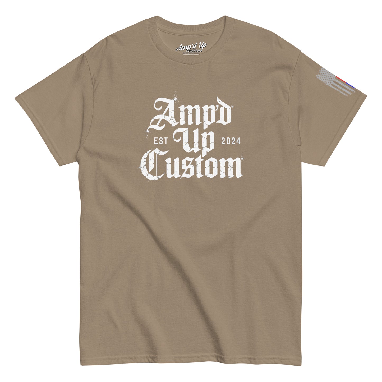 Amp'd Up Custom EST2024 T-Shirt tan crewneck with white distressed gothic logo front and small sleeve flag patch