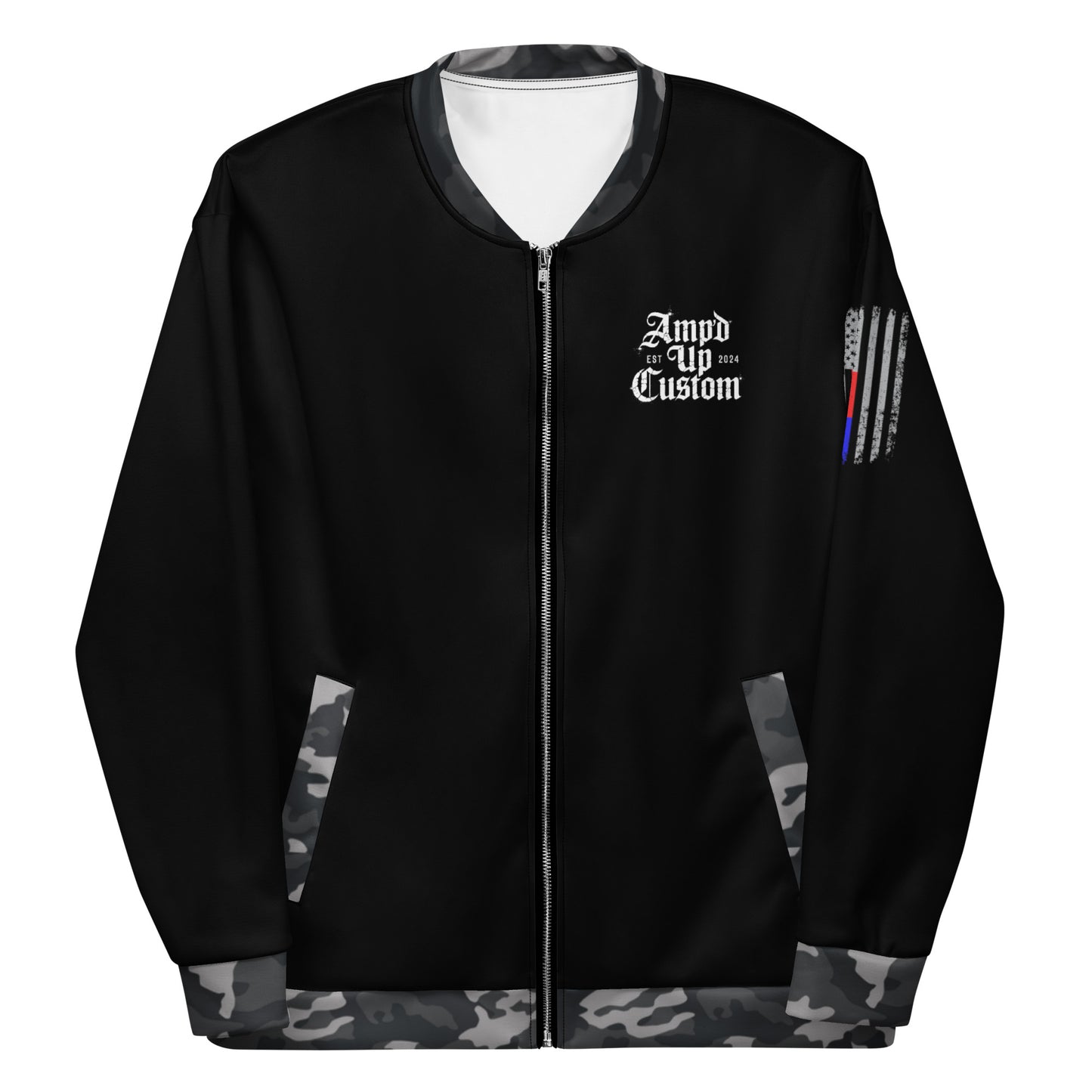 Amp'd Up Custom Bomber Jacket in Black with Camouflage Sleeves and Stylish Design