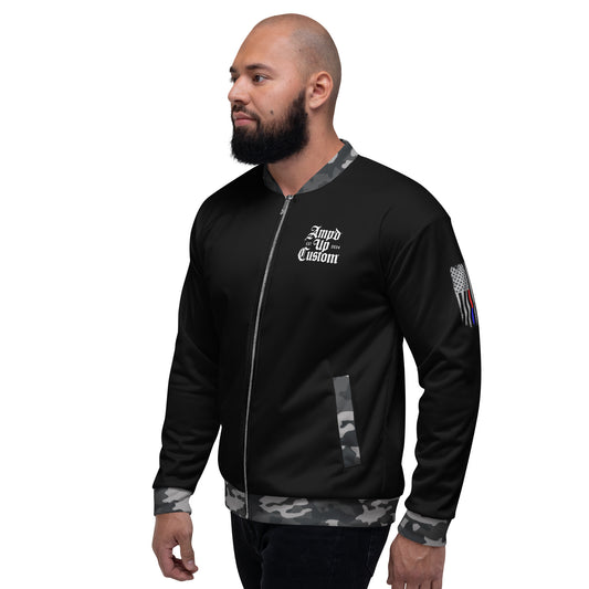 Amp'd Up Custom Bomber Jacket in Black with Camo Sleeves and Stylish Design