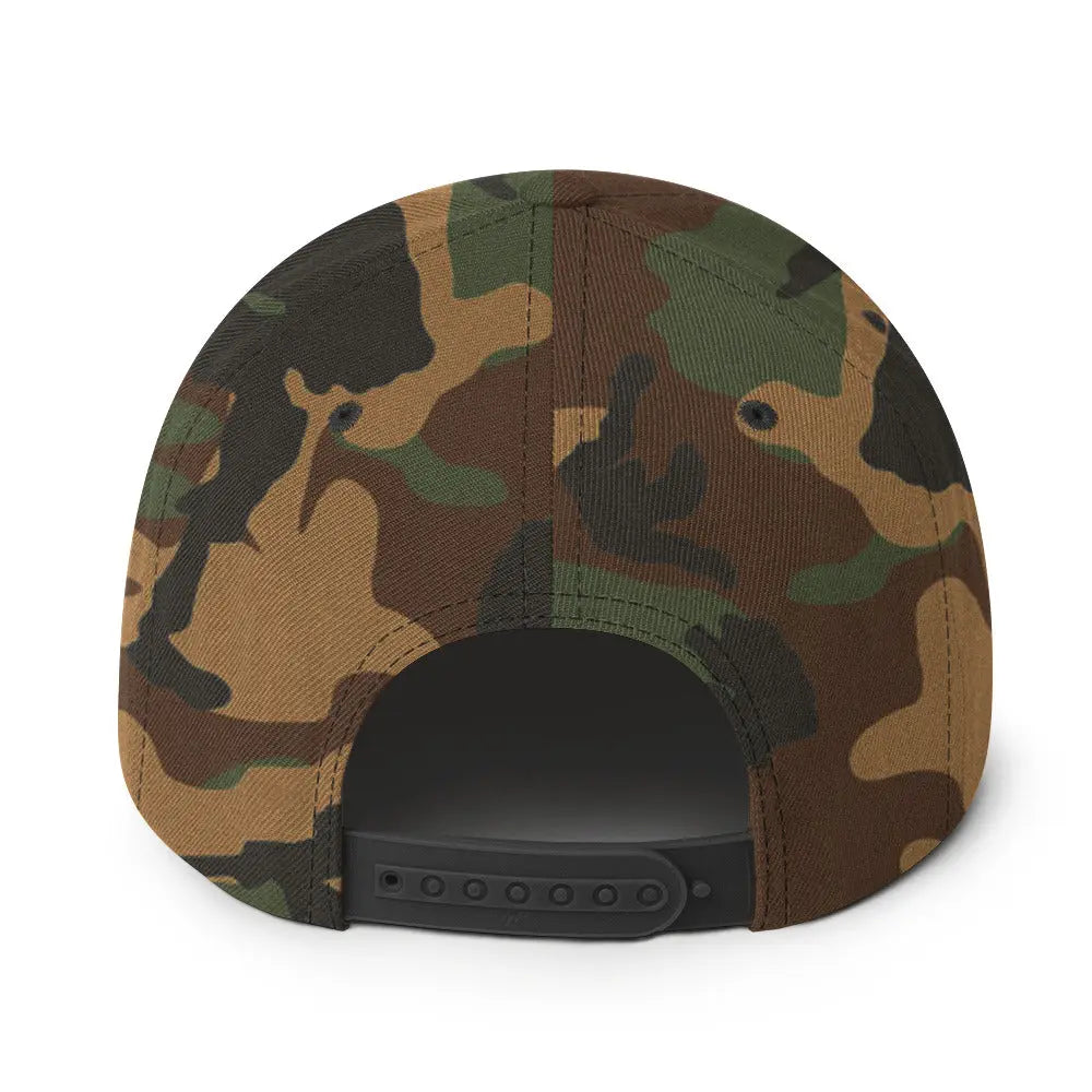 Back view of the Amp'd Up Custom Snapback Hat in camo pattern with adjustable strap