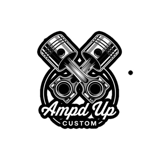 Ampd Up Customs Piston sticker featuring crossed pistons and a stylish design