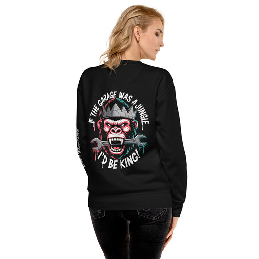 Back illustration of the King of the Garage Sweatshirt featuring a gorilla and a wrench design