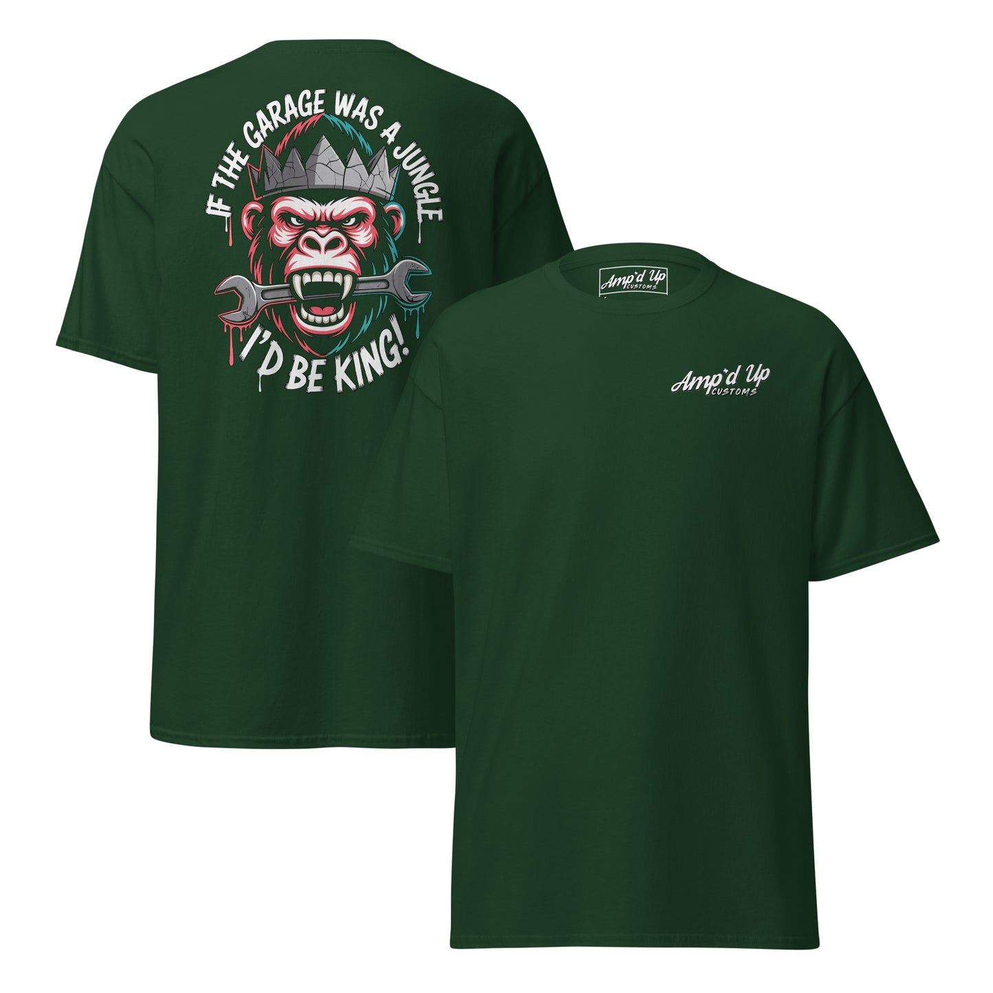 King of the Garage T-Shirt back illustration featuring a monkey with tools and bold text design
