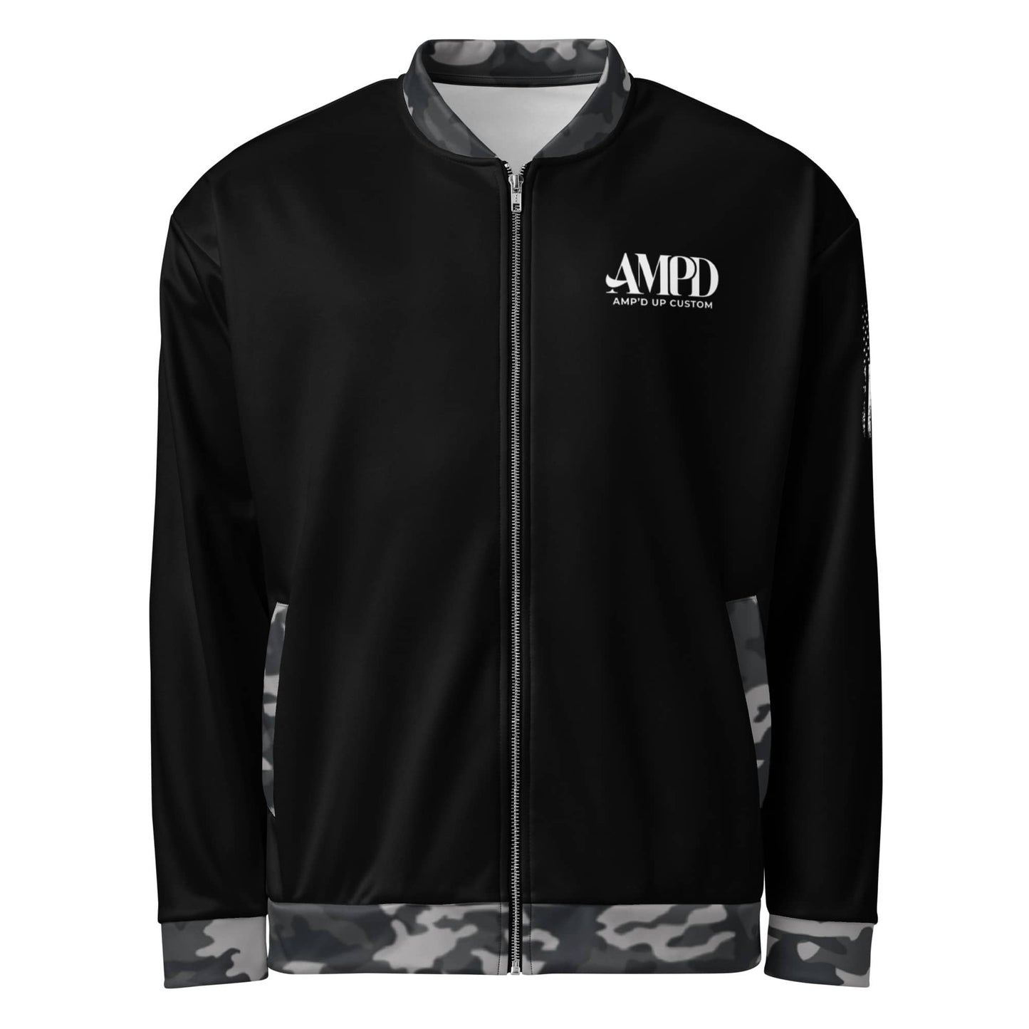 Amp'd Up Logo 2026 Bomber Jacket in black with camouflage sleeves for a stylish urban look