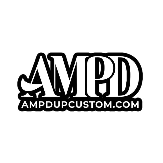 Amp'd Up Logo 2026 Bubble-free stickers featuring the Amp'd Up Custom branding in bold text