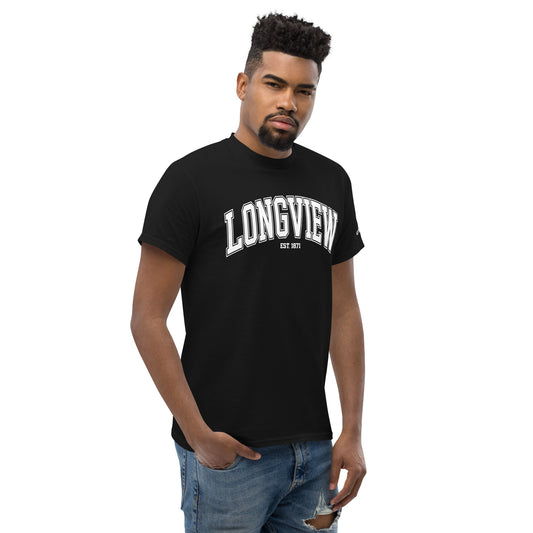 Black Longview Texas T-Shirt with white university style text worn by male model in jeans