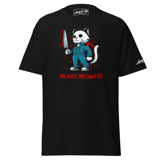 Black Michael Meowers T-Shirt by Amp'd Up Custom featuring a cat in a jumpsuit holding a knife graphic