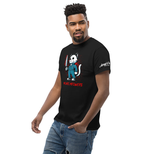 Black Michael Meowers T-Shirt by Amp'd Up Custom featuring graphic of a cat in blue outfit holding a knife