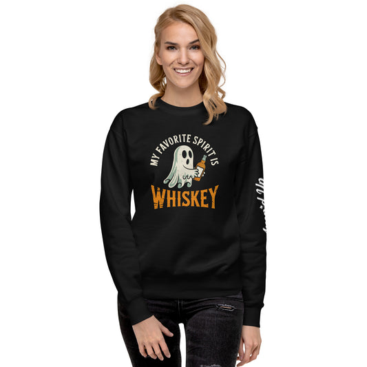 Ampd Up Custom My Favorite Spirit Is Whiskey Sweatshirt black crewneck with ghost holding whiskey glass