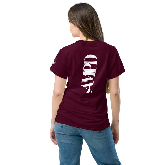 Women wearing Amp'd Up Official 2026 AMPD Back Graphic T-Shirt in maroon color