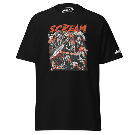 Amp'd Up Custom black Scream T-Shirt featuring horror ghost face masks and bloody knife graphic