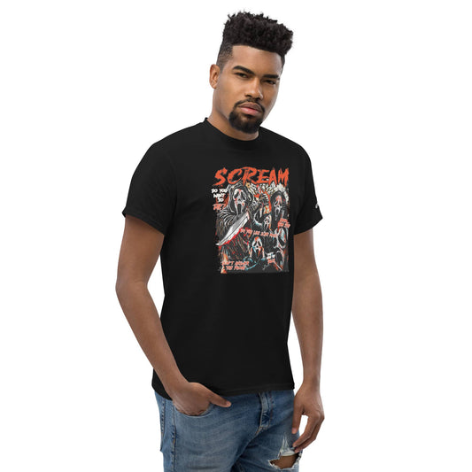 Men's black Scream T-Shirt with horror movie graphic design worn with ripped jeans