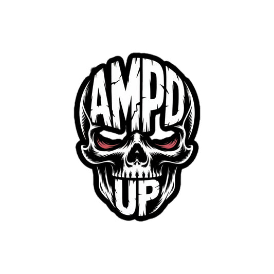 Amp'd Up Skull Sticker featuring a bold skull design with striking red eyes and a gritty font