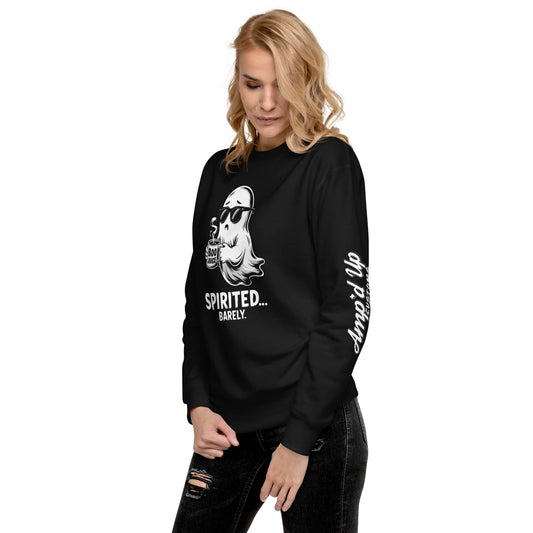 Woman wearing black Spirited Barely Sweatshirt with ghost graphic and amp'd up logo on sleeve