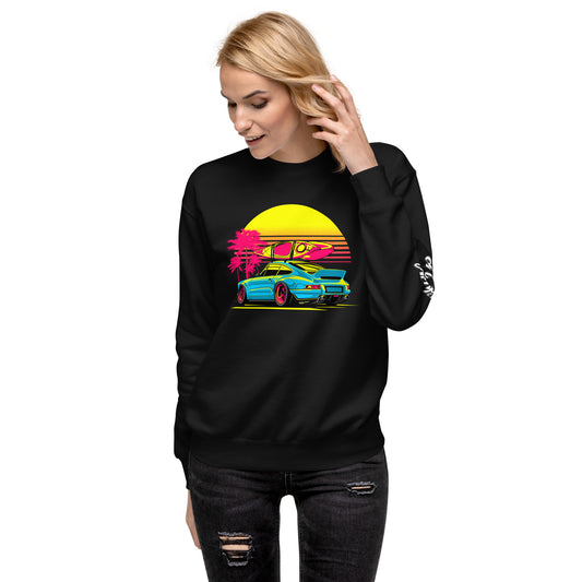 Sunset Porsche Sweatshirt featuring a vibrant graphic of a Porsche with palm trees and a sunset backdrop