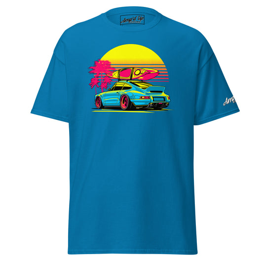Amp'd Up Custom Sunset Porsche T-Shirt in blue featuring a retro car and surfboard design