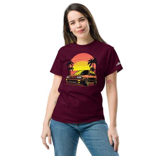 Sunset Volkswagen T-Shirt in Burgundy featuring a retro car graphic and palm trees