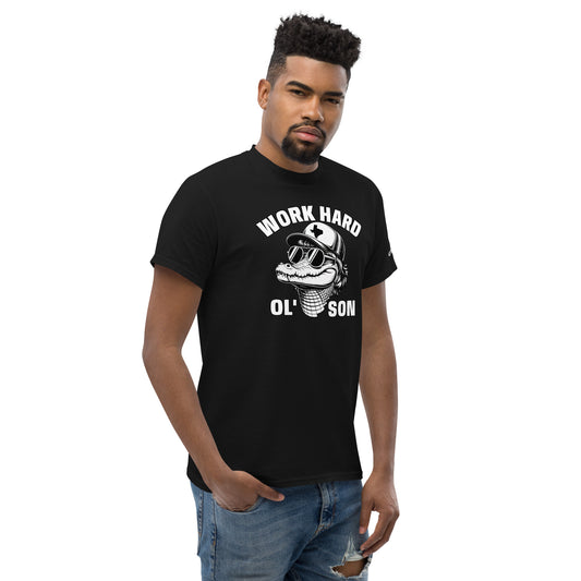 Man wearing black Work Hard Ol Son T-Shirt with graphic design by Amp'd Up Custom