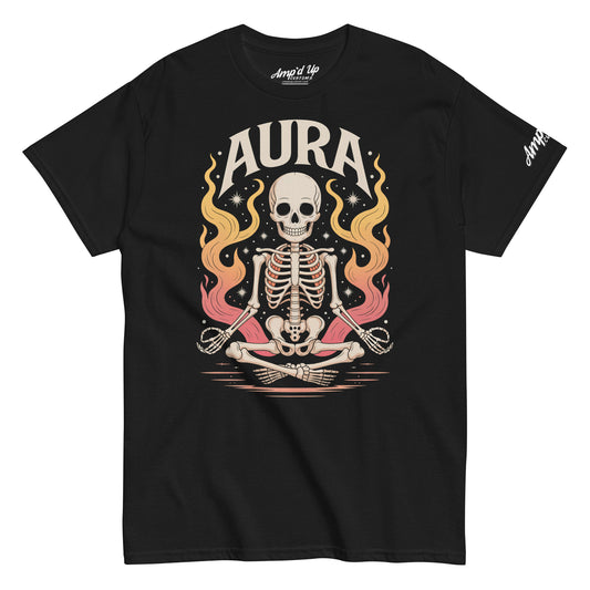 Amp'd Up Custom black AURA T-Shirt with meditating skeleton and colorful flames design