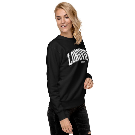 Black Longview Texas Sweatshirt by Amp'd Up Custom worn by woman with casual look