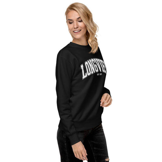 Black Longview Texas Sweatshirt by Amp'd Up Custom worn by woman with casual look