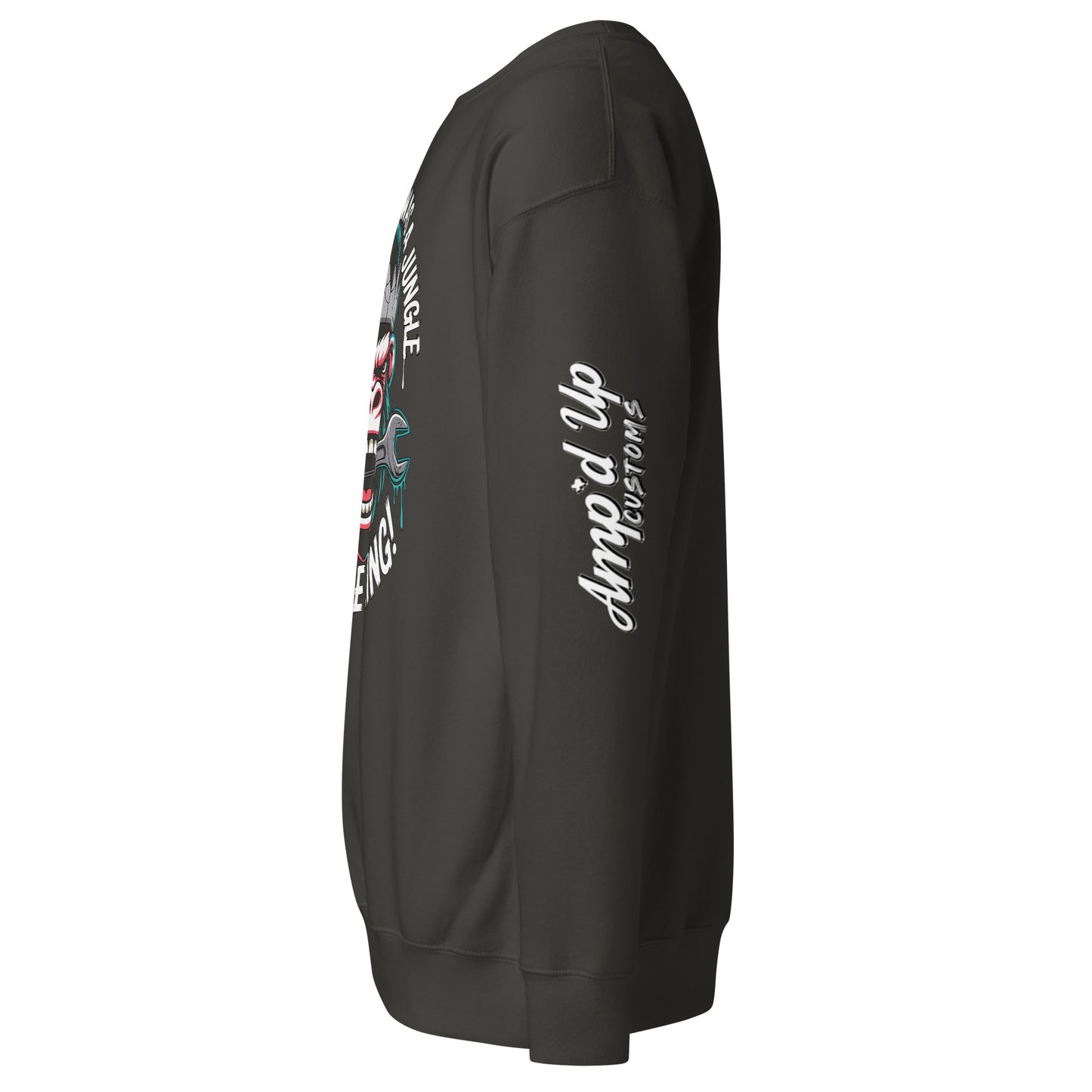 King of the Garage Sweatshirt by Amp'd Up Custom in dark color with a stylish graphic design