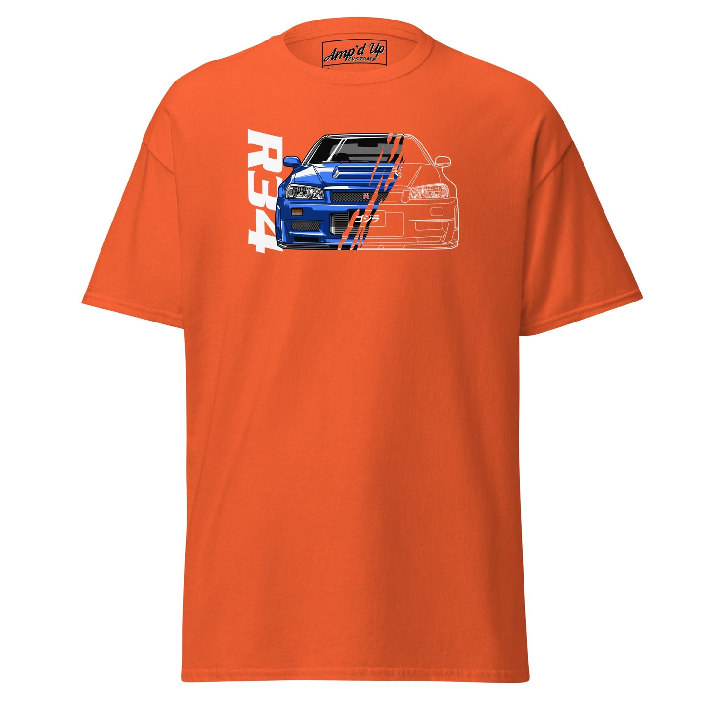 Orange R34 Skyline T-Shirt featuring a graphic of the iconic car design