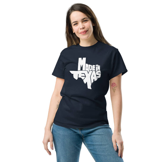 Woman wearing a navy Made in Texas T-Shirt Authentic Texas Pride Apparel featuring a Texas map design