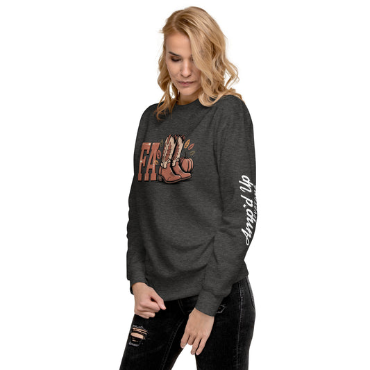 Woman wearing Amp'd Up Custom Southern Fall Sweatshirt in dark gray with autumn boots design