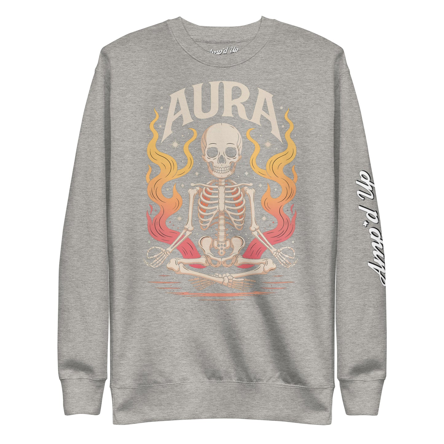 Amp'd Up Custom gray AURA Sweatshirt featuring a meditating skeleton with vibrant flames design
