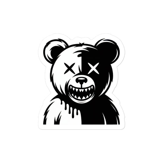 Black and white bear sticker with split design and crossed-out eyes by Amp'd Up Custom