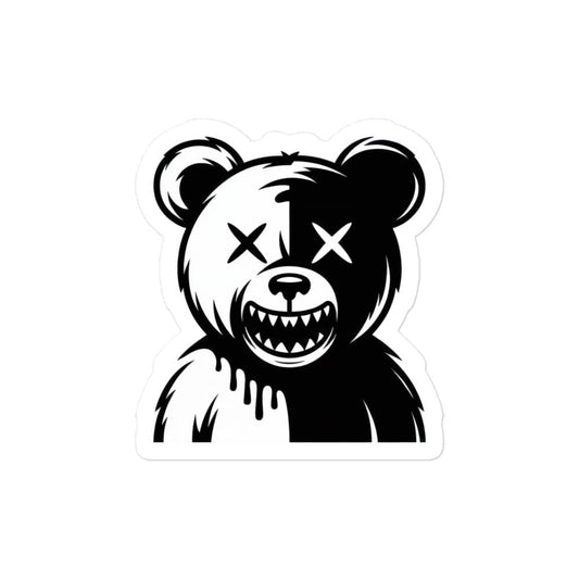 Black and white bear sticker with split design and crossed-out eyes by Amp'd Up Custom