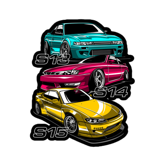 Vibrant S13, S14, S15 sticker featuring stylish car illustrations in bold colors