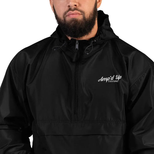 Amp'd Up Embroidered Champion Packable Jacket in Black with Adjustable Hood and Front Pocket