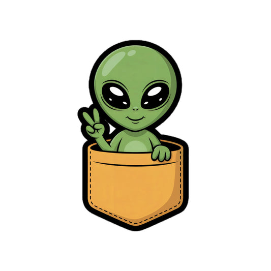 Cute Alien sticker showing a green alien giving a peace sign while sitting in a brown pocket