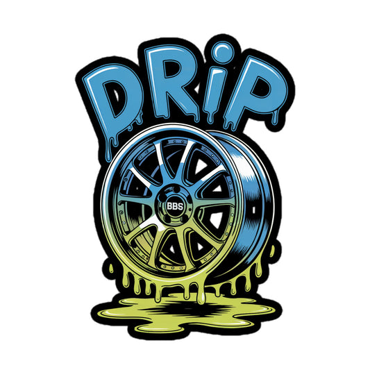 Amp'd Up Custom Drip sticker featuring a colorful wheel design with dripping paint effect