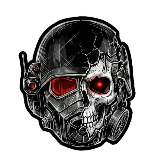 Fallout video game Series NCR New California Republic half broken helmet bubble-free sticker featuring a skull design