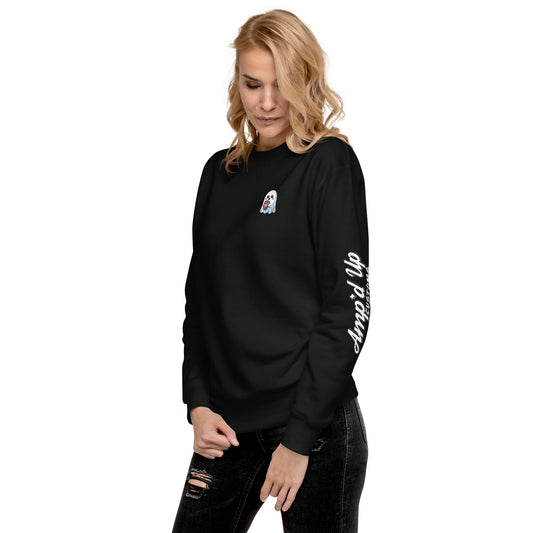 Black Ghost with Boba Sweatshirt by Amp'd Up Custom featuring small ghost graphic and sleeve logo
