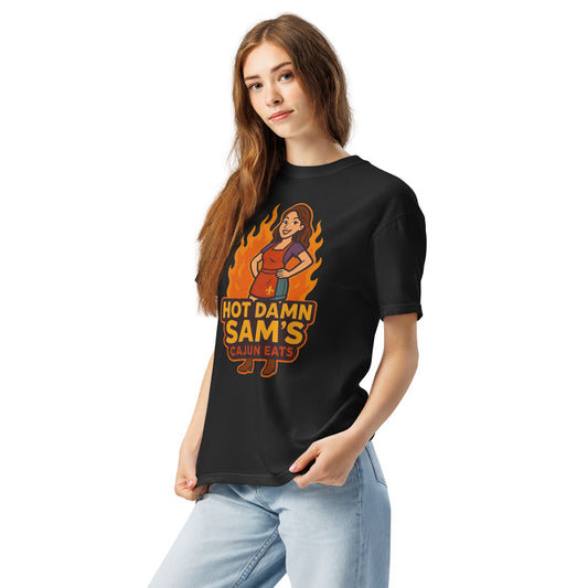 Black Hot Damn Sams Food Truck T-Shirt featuring a fun character design with flames