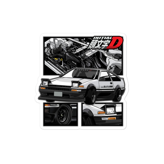 Initial D sticker featuring a detailed illustration of a classic Japanese car and engine design
