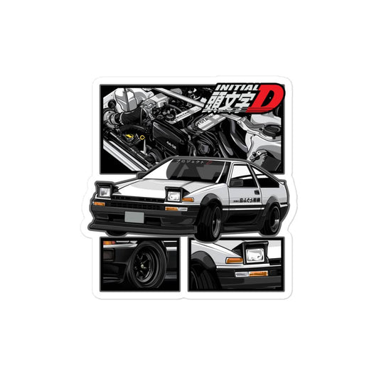 Initial D sticker featuring a detailed illustration of a classic Japanese car and engine design