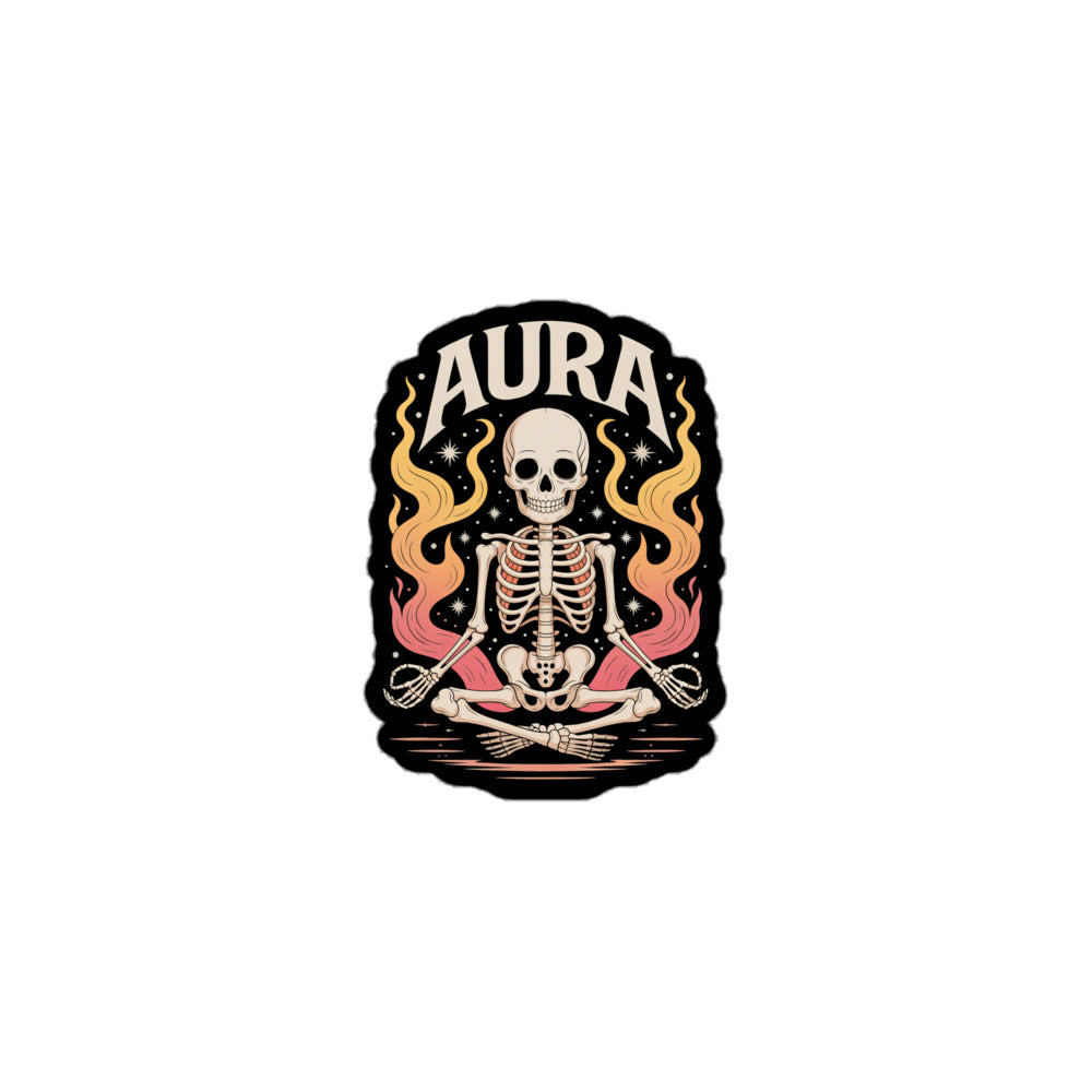 AURA sticker featuring a meditating skeleton with colorful flames on a black background