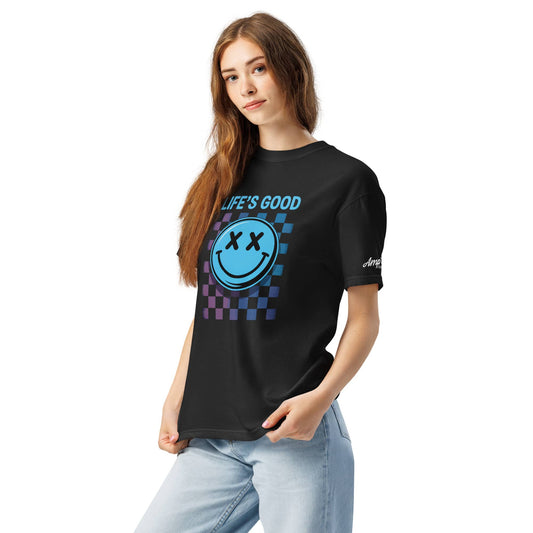 Life's Good Smiley Face Checkered T-Shirt in black with vibrant graphic design