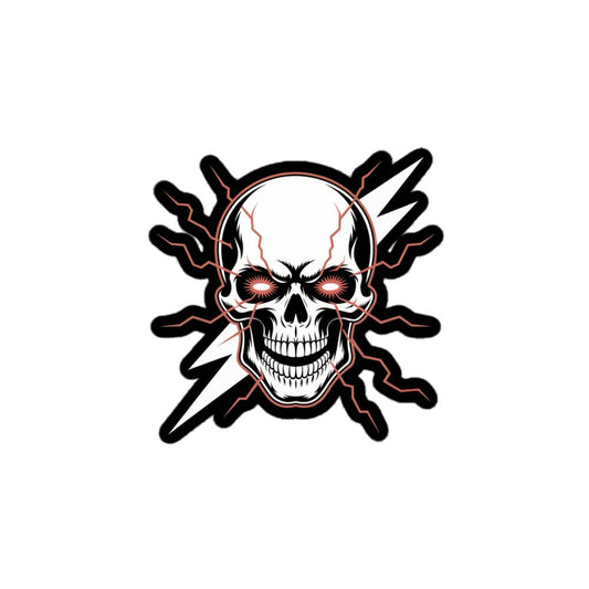 Amp'd Up Custom Lightning Skull sticker featuring a glowing-eyed skull with lightning bolts background