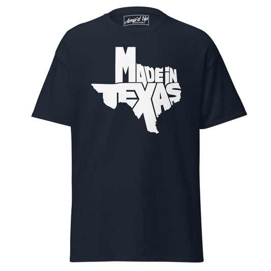 Navy AMP'D UP CUSTOMS Made In Texas T-Shirt with bold Texas graphic design